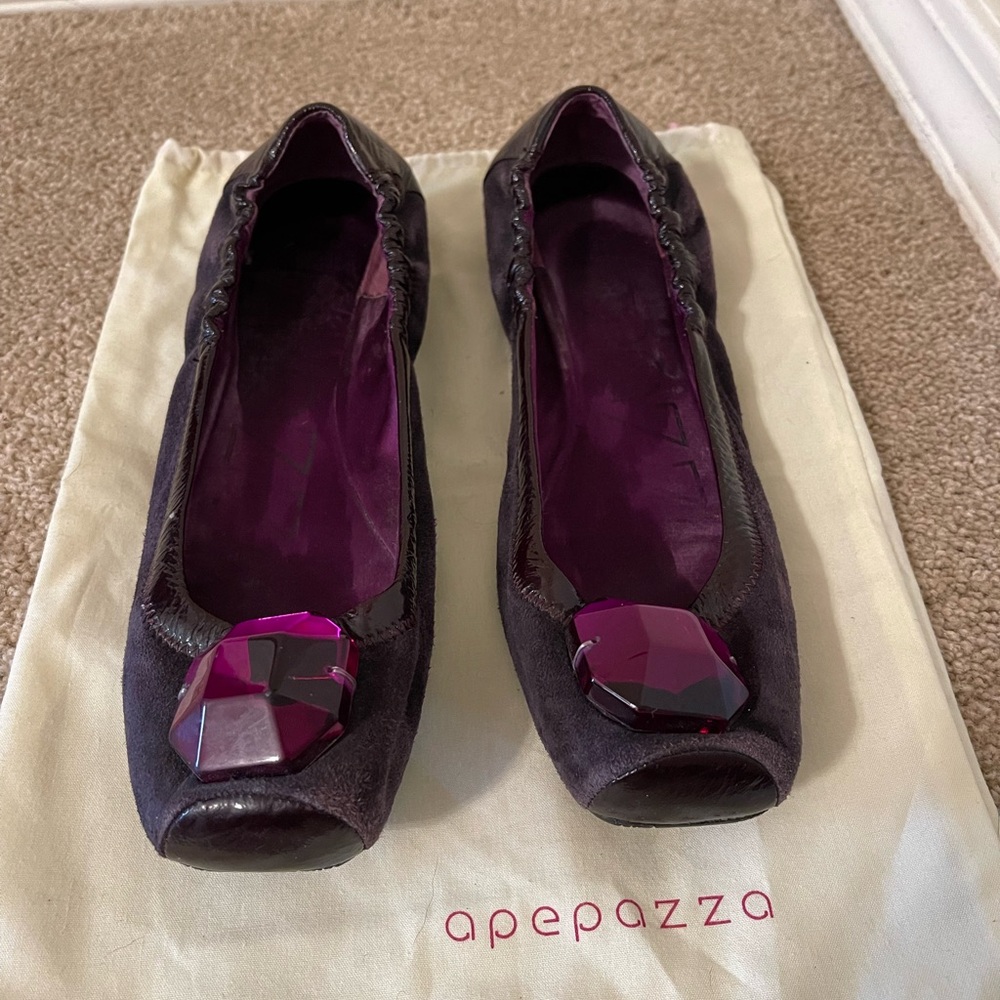Apepazza Purple Suede & Leather Ballet Flats with Faceted Gem